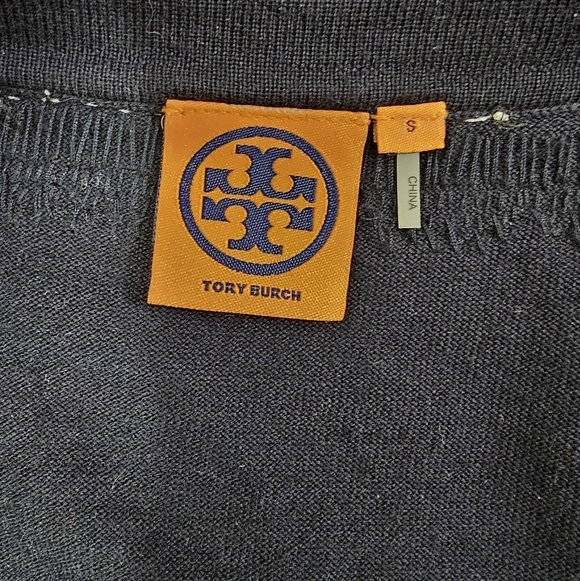 Tory Burch deep navy blue Merino Wool Plunge Neckline Sweater tunic sequin bead - Picture 8 of 9